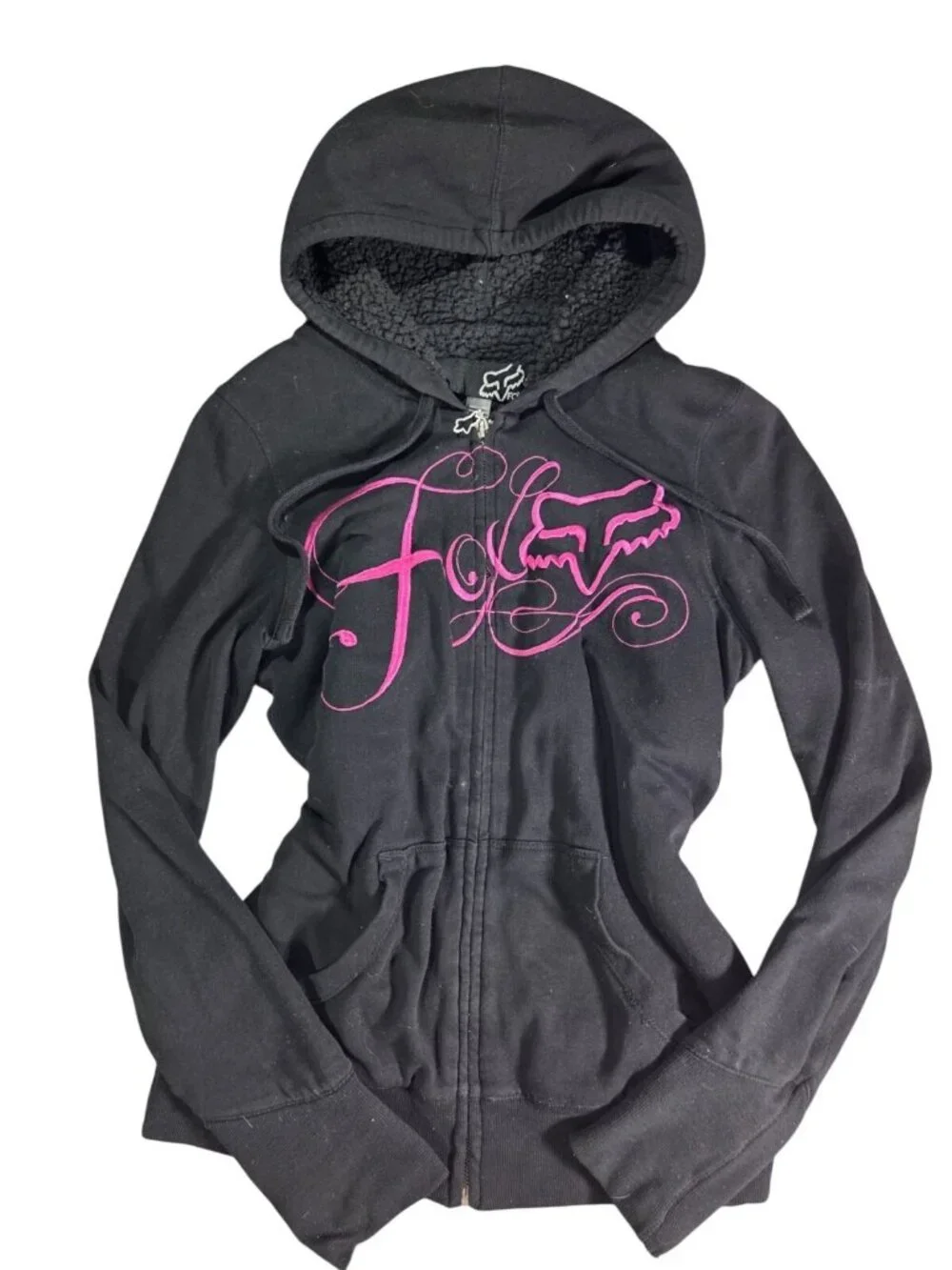 VTG Y2K Fox Racing Womens Full Zip Fur Lined Hoodie Black Pink Embroidered Sz L
